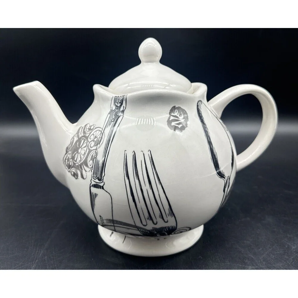 Magenta Exclusives White w/ Black Fork Spoon Knife Graphics Ceramic‎ Teapot 80oz